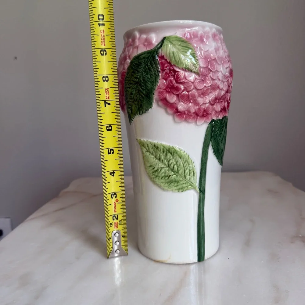 Vintage Italian Hand Painted Hydrangea Ceramic Vase 3D Floral Relief Made Italy